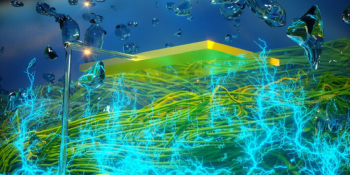 Фото: Графическое изображение тонкой оболочки нанопроводов из белка, вырабатывающей электричество с помощью влаги, находящейся в атмосфере. Предоставлено: UMASS AMHERST/YAO AND LOVLEY LABS