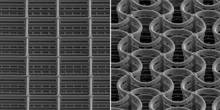 Фото: Один, покрытый кремнием, метаматериал меняет свои свойства при электрохимической зарядке. Другой, имея вместо внутренней прямоугольной кристаллической решетки структуру с изогнутыми полостями и выпуклостями, теряет хрупкость и становится упругим. ETH Zurich/Dennis Kochmann Group