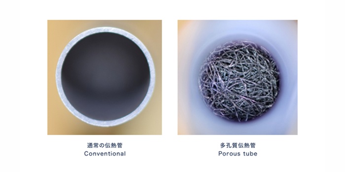 Слева: обычная теплообменная трубка. Справа: теплообменная трубка с пористым алюминиевым волокном. Изображение: Koji Enoki | Университет электрокоммуникаций